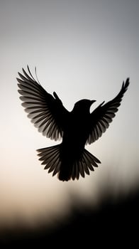Bird mid flight silhouette, wings spread wide, dynamic pose against gradient background Vertical Mobile Wallpaper photo