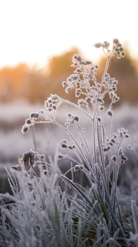Frost covered plants glisten in dawns golden light, blending cold and warmth Vertical Mobile Wallpaper photo