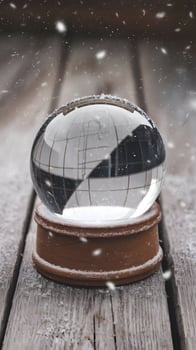 Empty snow globe on wooden surface, snowflakes falling inside magically Vertical Mobile Wallpaper photo