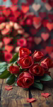 Romantic bouquet of red roses with love hearts in the background creating a warm atmosphere for celebrations photo