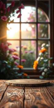 Wooden table with circular plate in front of blooming flowers and warm sunlight shining through a window photo