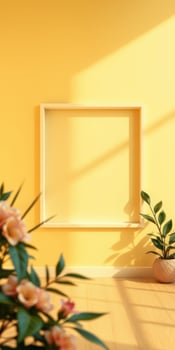 Bright yellow interior space featuring a minimalist empty frame and greenery complemented by natural sunlight photo