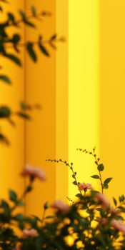 Bright yellow background with blooming flowers and greenery enhances a vibrant atmosphere in an urban setting photo