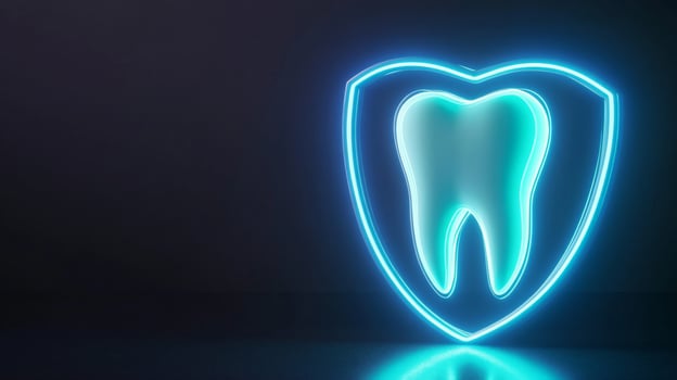 A glowing shield featuring a tooth design represents the concept of dental protection and innovation. The vibrant neon colors suggest a modern approach to oral care and technology in dentistry. photo