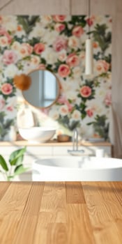 Modern bathroom interior with floral wallpaper and wooden countertop featuring a round mirror reflecting a stylish ambiance photo