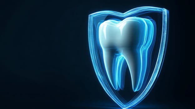 A tooth is depicted within a glowing shield, illustrating innovative technology in dentistry. This design emphasizes protection and care for dental health in a modern context. photo