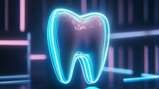 A vibrant, glowing tooth is depicted, showcasing advanced dental technology. photo