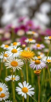 Bright daisies and wildflowers bloom in a vibrant garden during springtime in a sunny location photo