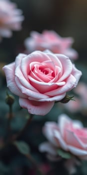 Detailed close-up of a blooming pink rose against a blurred garden background in soft natural light photo