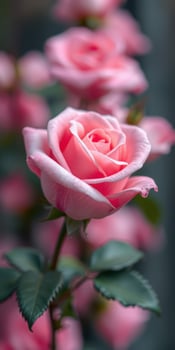Delicate pink rose blooming in a garden filled with soft hues during spring season photo