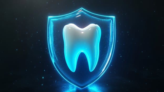 A glowing shield with a tooth design signifies dental protection through advanced technology. The background's dark tones highlight the innovative use of artificial intelligence in dentistry. photo