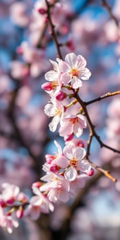 Cherry blossoms bloom in spring, showcasing delicate pink flowers against a clear blue sky photo