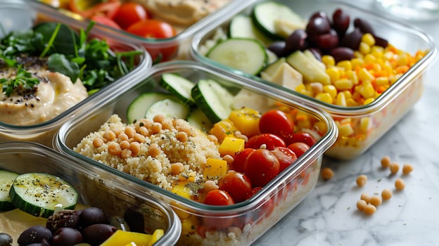 Meal prep bowls with couscous roasted vegetables and hummus, picture photo