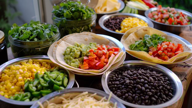 Budget-friendly taco night setup with tortillas black beans corn vegetables, photorealistic photo