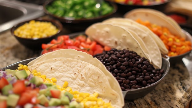 Budget-friendly taco night setup with tortillas black beans corn vegetables, picture photo