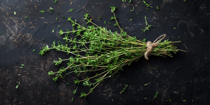 Bundle of fresh thyme sprigs, spread out on a dark, textured background, photographed from above, photorealistic photo