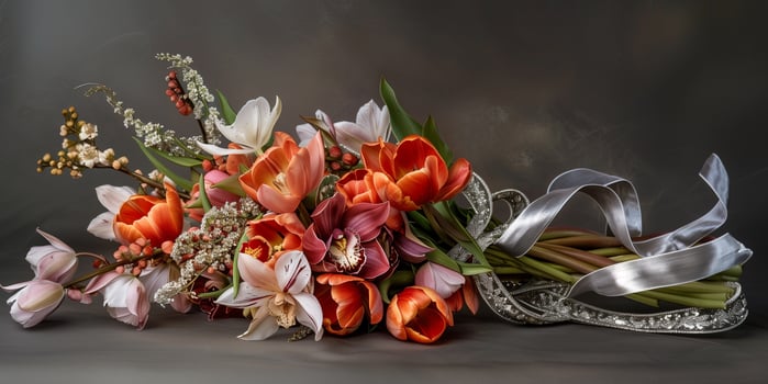 Bundle of tulips and orchids with silver-threaded ribbon, photography photo
