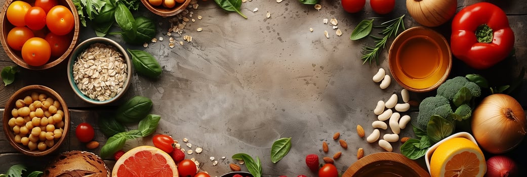 Circular frame with healthy food, empty inside, picture photo
