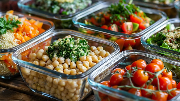 Glass containers with colorful salads including quinoa chickpeas cherry tomatoes and mixed greens, picture photo