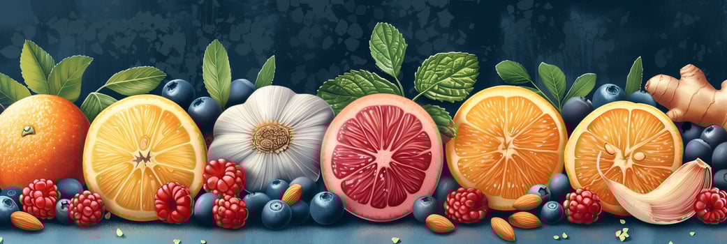 Colorful illustration of citrus fruit, almonds, berries, garlic, and ginger, photo
