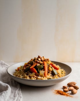 Vegan thai curry with rice and nuts photo