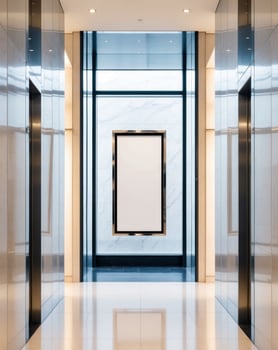An empty hallway with a large blank frame photo