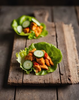Chicken lettuce wraps on a wooden cutting board photo