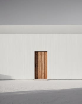 house with wooden door and empty white wall photo