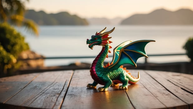 A dragon figurine sitting on a wooden table photo