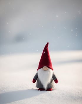 Cute gnome in snow field in winter for holiday decoration photo