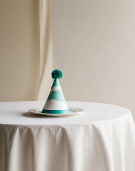 A party with a white tablecloth and a party hat on a plate photo