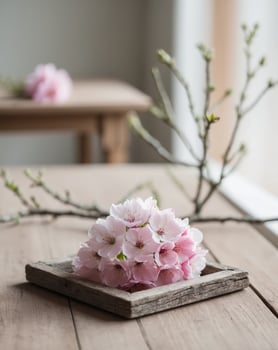 Pink Blossoms Frame Wooden Table Spring Scene photo