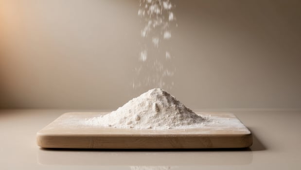 Flour Pile On Wooden Cutting Board In Kitchen photo