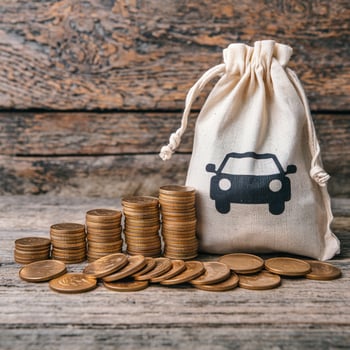 Stack of gold coins beside car symbol bag on wooden table, financial theme For Social Media Post Size photo