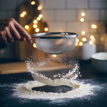 Hand sifts flour through sieve, cloud of powder settling on dark surface, warm lighting For Social Media Post Size photo