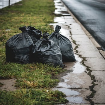 Black trash bags on wet grass beside cracked pavement, road in background For Social Media Post Size photo