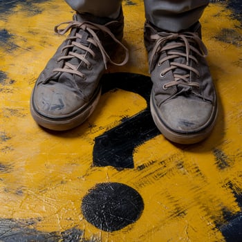 Worn-out shoes on yellow surface with black question mark, mysterious feel For Social Media Post Size photo