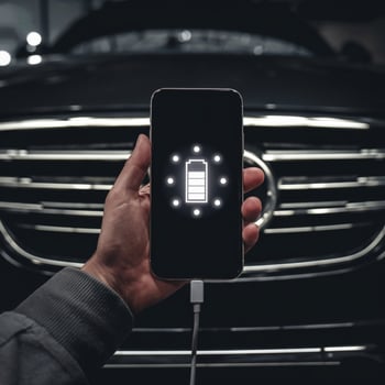 Hand holding smartphone in front of car grille, suggesting vehicle charging For Social Media Post Size photo