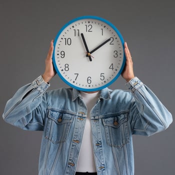 Person in denim jacket holds large clock obscuring face, adding visual intrigue For Social Media Post Size photo