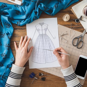 Fashion designer works with fabric, dress sketch, scissors, mobile phone on wooden table For Social Media Post Size photo