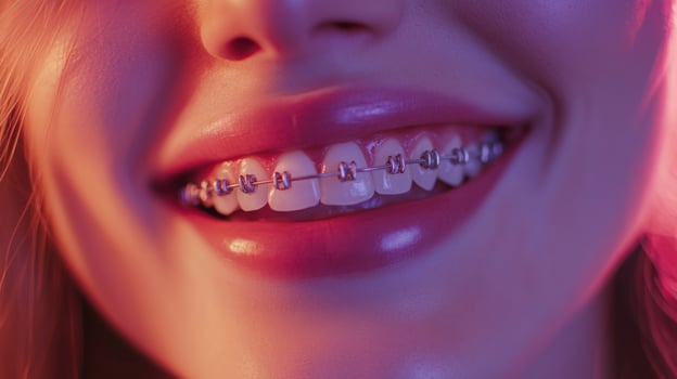 Young girl smiles widely, showcasing her braces, illuminated by vibrant neon lights. The colorful atmosphere highlights her joyful expression as she enjoys her carefree moment. photo