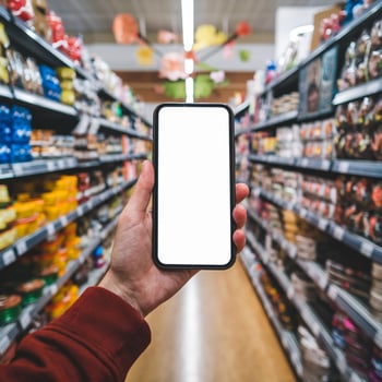 Hand holds smartphone against blurred store aisle, filled with colorful packaged goods For Social Media Post Size photo