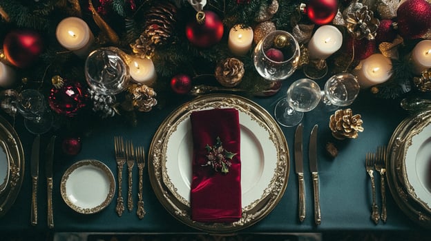 Christmas tablescape decoration, formal family dinner holiday celebration, luxury table setting decor, English country and home style photo