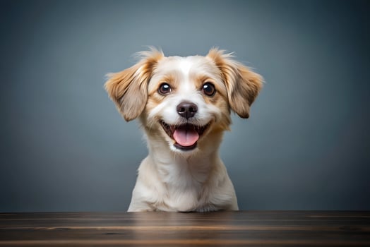 Cute fluffy smiling dog, portrait photo