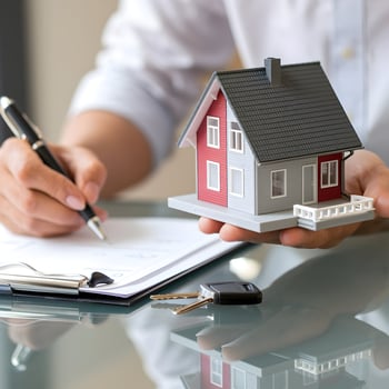 Person holds model house, writing on paper, suggesting real estate transaction professionalism For Social Media Post Size photo