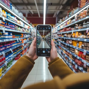 Shopper photographs colorful supermarket aisle, capturing digital perspective of variety. For Social Media Post Size photo