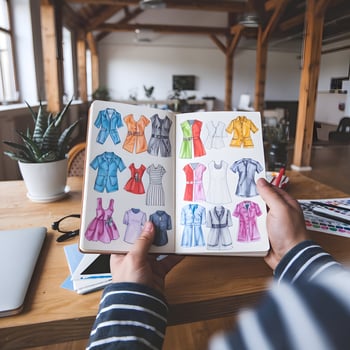 Person holds sketchbook with colorful designs, creative workspace lit by natural light For Social Media Post Size photo