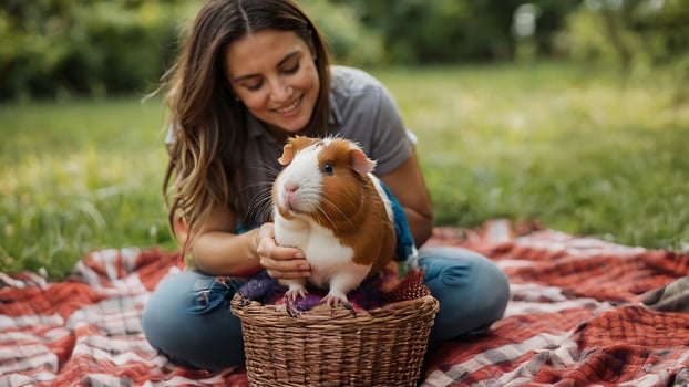 A woman is petting a guinea in a basket photo