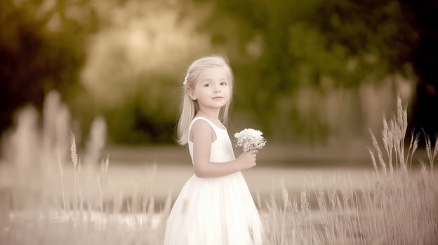 A little girl in a white dress holding a flower photo