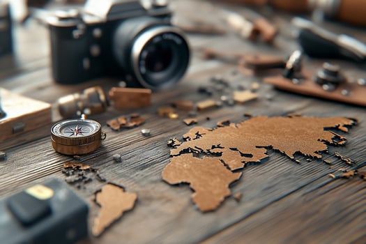 Travel accessories on a wooden table photo